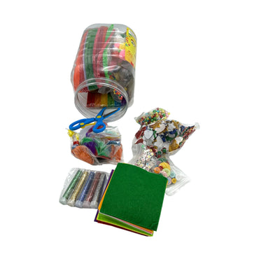 Craft supplies: felt, glitter glue, scissors, pipe cleaners, beads, buttons, and decorative shapes.