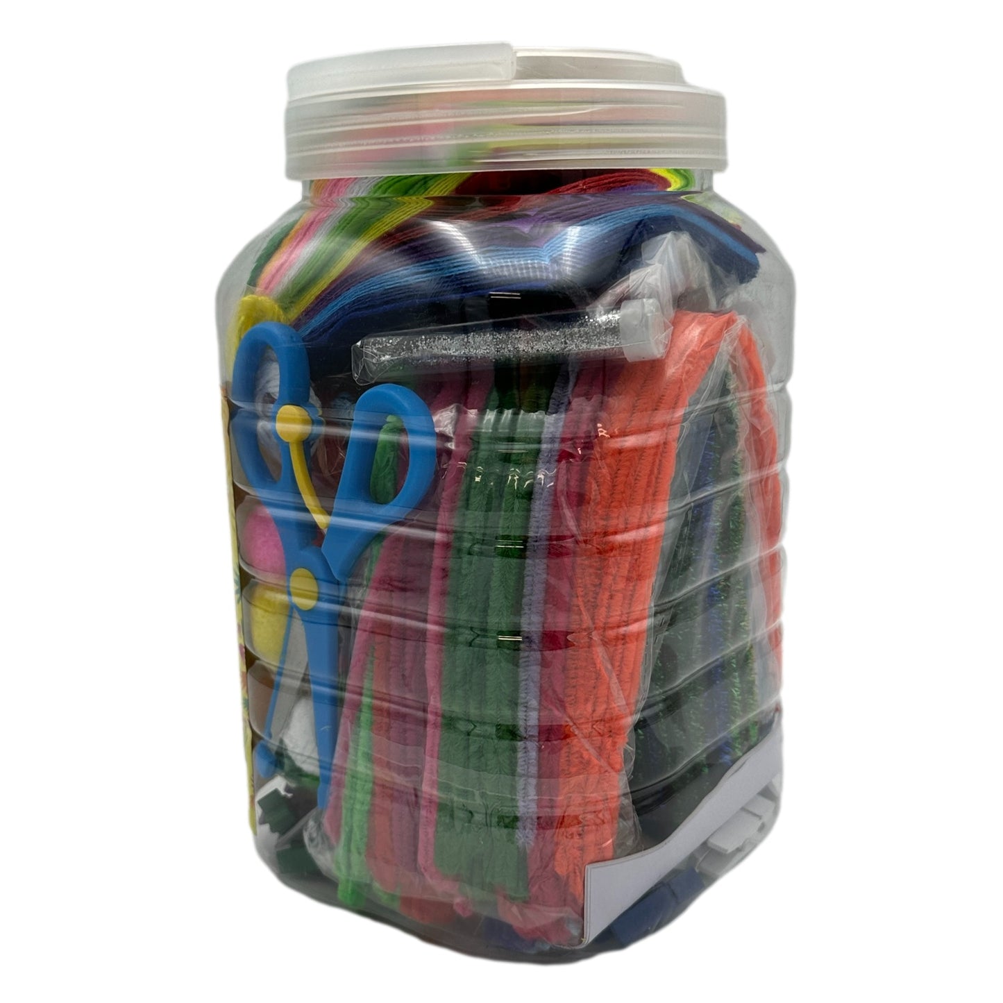 Jar of craft supplies including pipe cleaners and scissors.