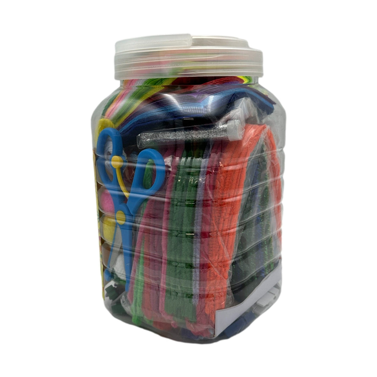 Jar of craft supplies including pipe cleaners and scissors.