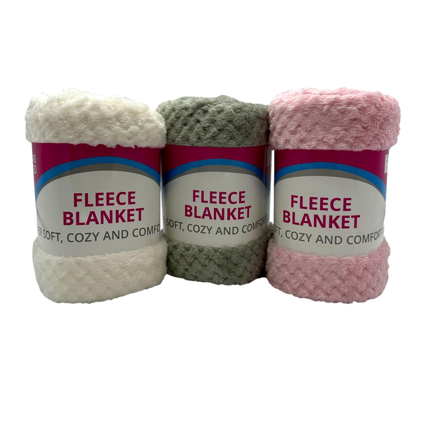 Three rolls of fleece blankets in white, gray, and pink.