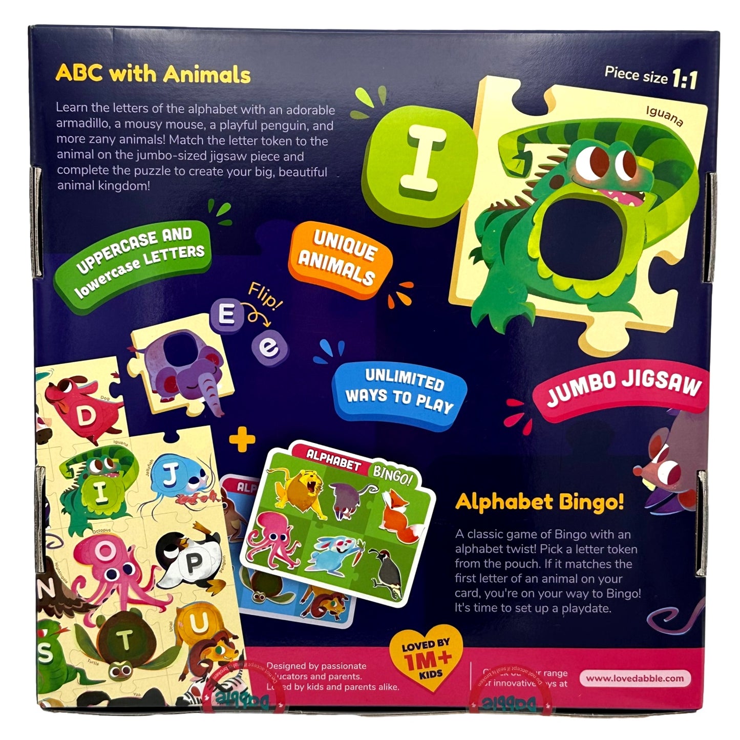 Product box with an animal-themed alphabet learning puzzle and Bingo game.