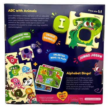 Product box with an animal-themed alphabet learning puzzle and Bingo game.