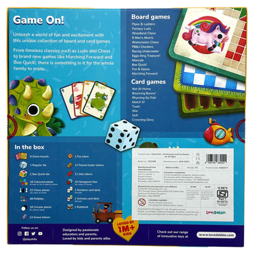 A game box with various board and card games, components, and branding information.
