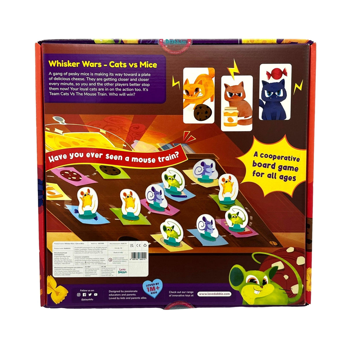Back of the Whisker Wars board game box featuring cartoon cats and mice.