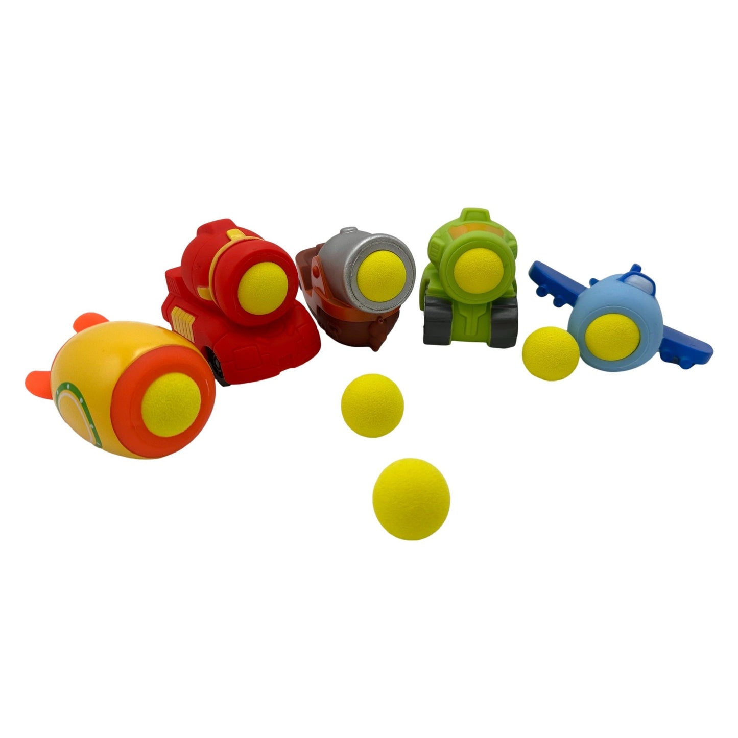 Toy vehicle set, foam ball projectiles, colorful plastic.