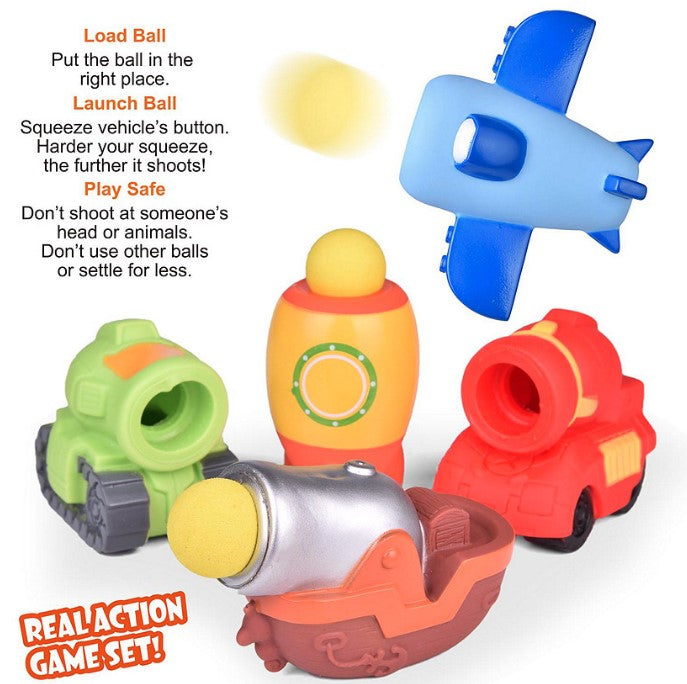 Five toy foam ball launchers and instructions.