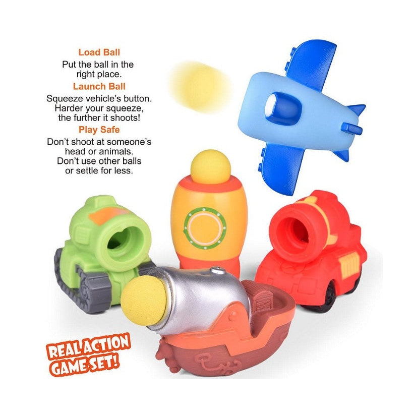 Five toy foam ball launchers and instructions.