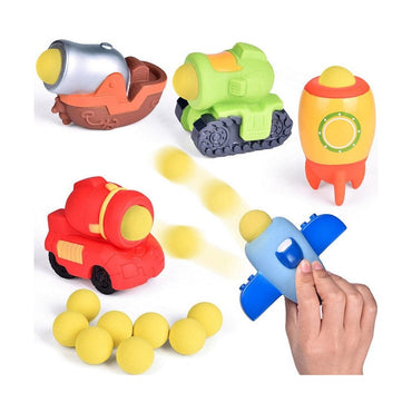 Toy cannons, rocket, and airplane shooting yellow foam balls.
