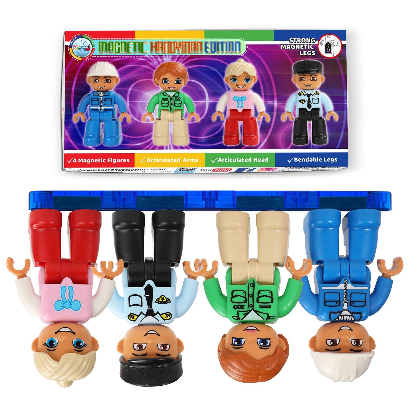Four magnetic toy figures. Each figure has articulated arms, head, and bendable legs. The figures include a construction worker, zookeeper, a girl, and a police officer.