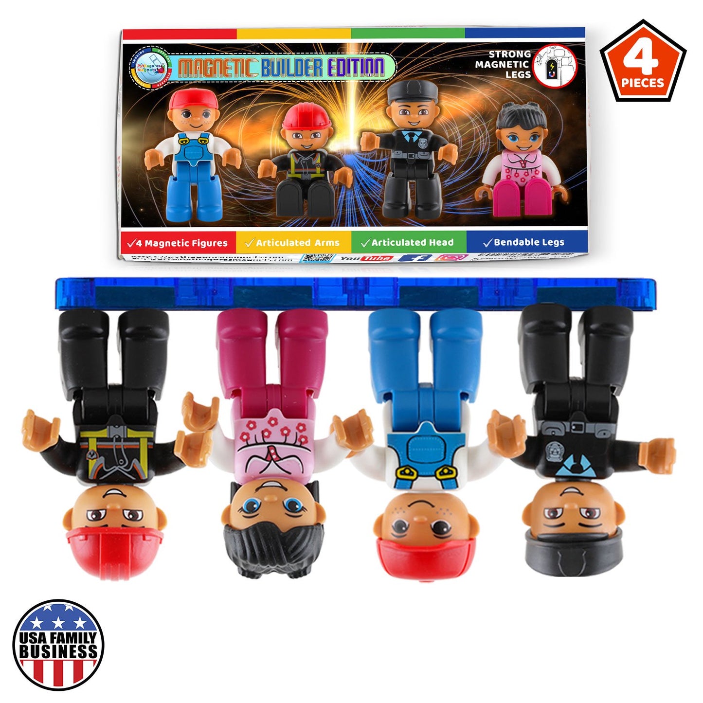 Toy construction figures of a builder, construction worker, police officer, and girl, with magnetic features.