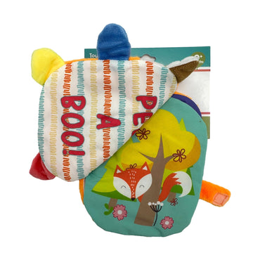 Open baby book with "Peek a Boo!" text, fox illustrations, and protruding sensory details.