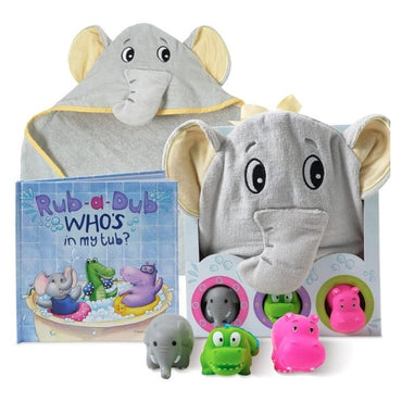 Assortment of bath toys and accessories, including an elephant hooded towel, a matching elephant-shaped bath mitt, a book titled "Rub-a-Dub WHO'S in my tub?", and rubber bath toys shaped like an elephant, alligator, and hippopotamus.