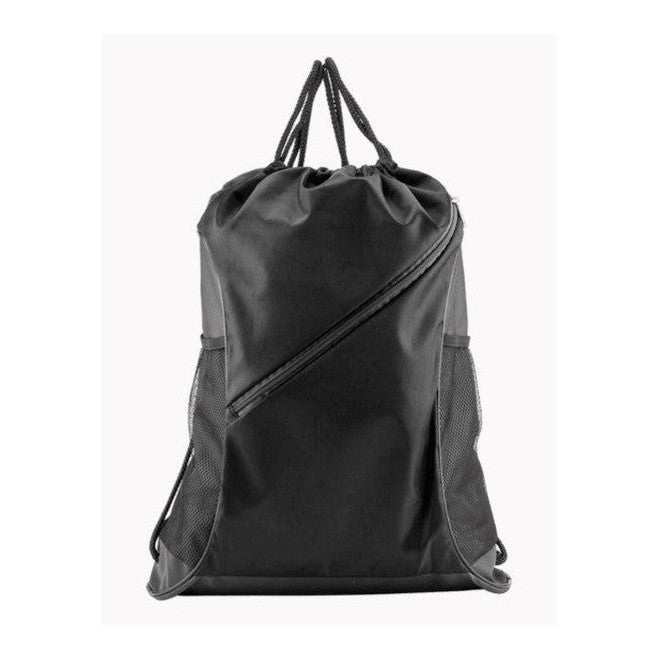 Black drawstring backpack with zipper pocket and mesh side pockets.