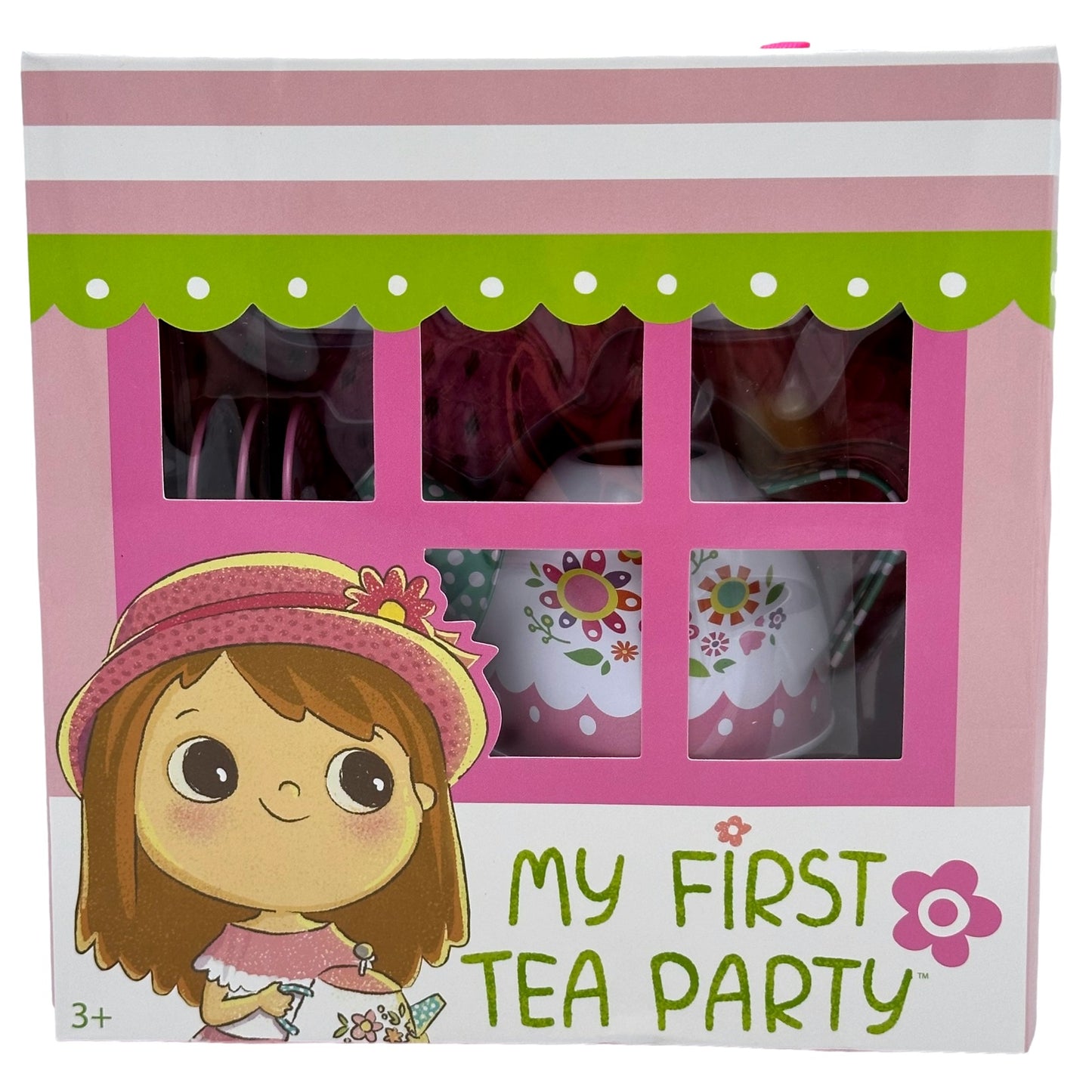Box of a "My First Tea Party" set with a cartoon girl wearing a pink hat and dress. The box has pink and white stripes with a green scalloped awning, and contains tea cups and saucers.