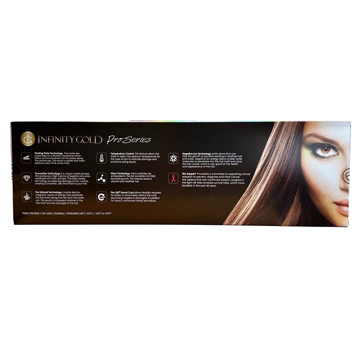 Hair straightener box with product features.