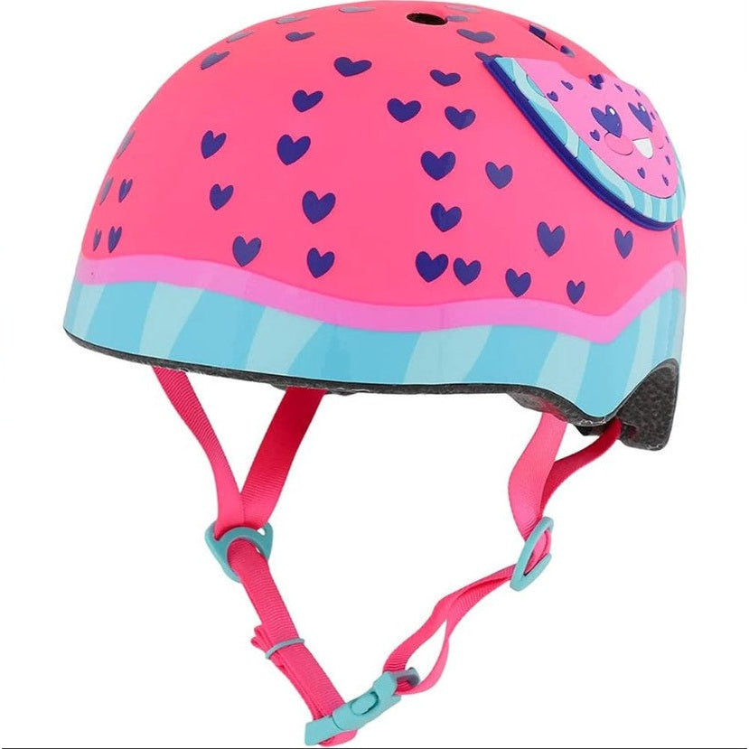 Pink helmet with heart patterns and blue accents on a white background