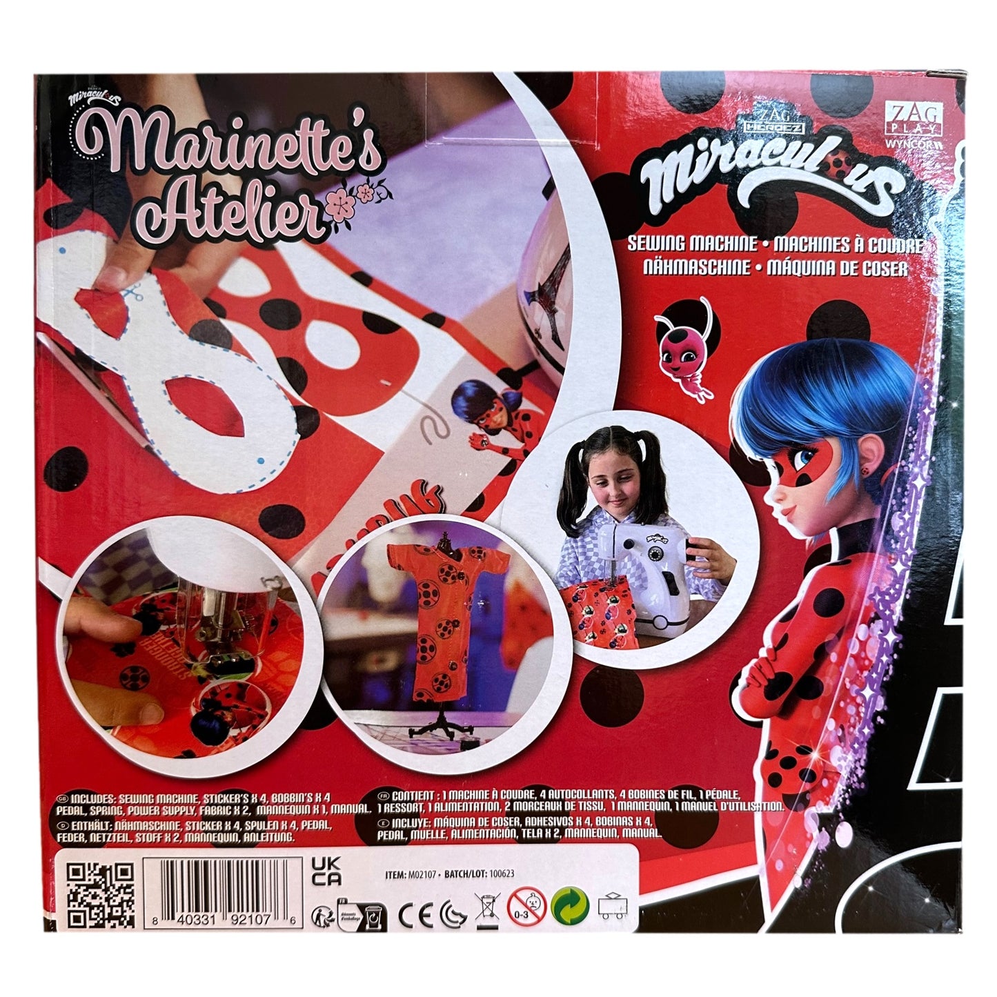 Boxed toy sewing machine labeled "Marinette's Atelier" with images of sewing, dressmaking, and Miraculous Ladybug.