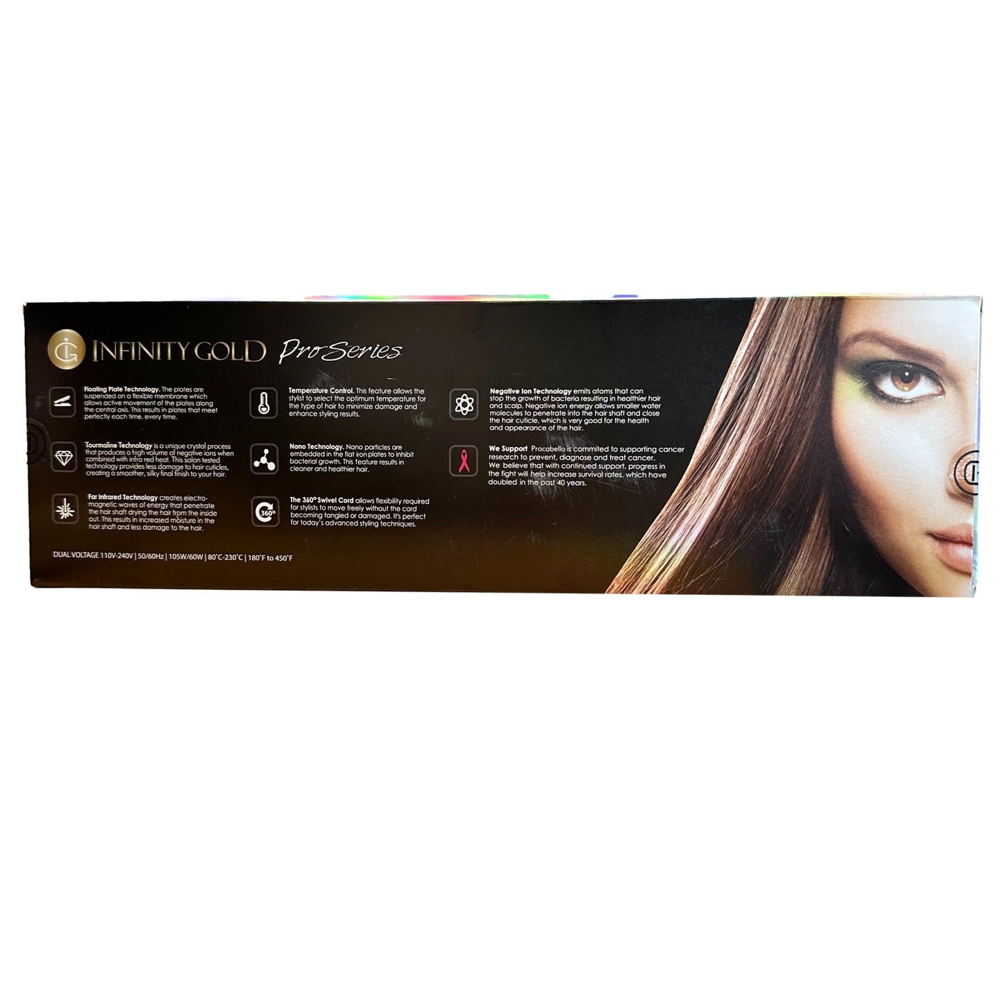 Product box with hair styling iron details.