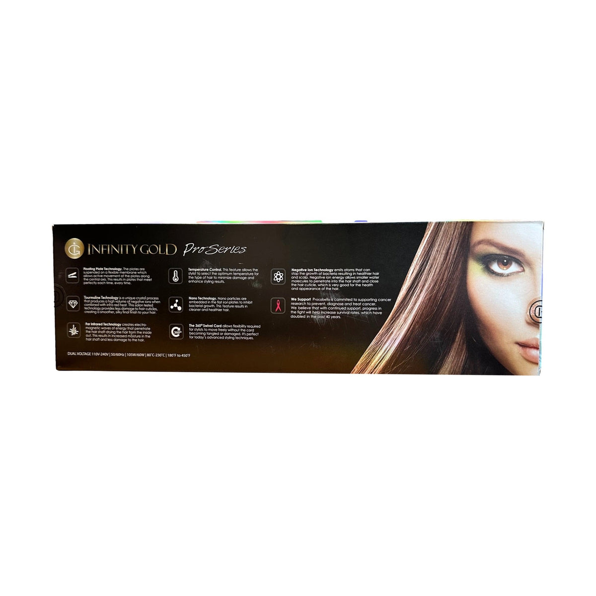 Product box with hair styling iron details.