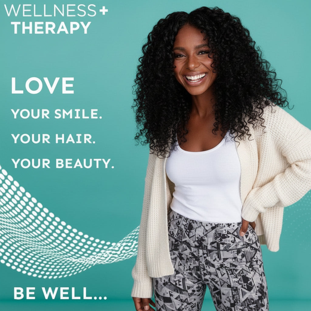 A woman in a white swimsuit and fishnet leggings with dark curly hair, smiling with text that says "Wellness + Therapy" and "Love your smile, your hair, your beauty, be well..."