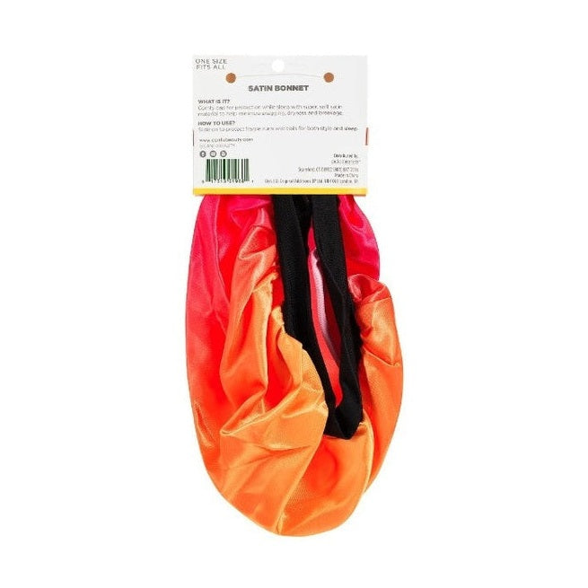 Orange and pink satin bonnet with tag.