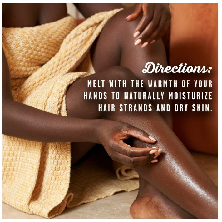 A person with dark skin in a tan towel is applying a moisturizing product to their leg. Text reads "Directions: Melt with the warmth of your hands to naturally moisturize hair strands and dry skin."