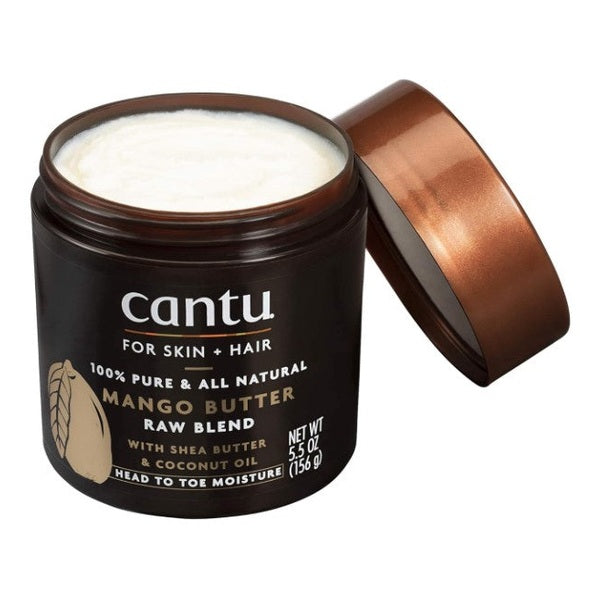 A jar of Cantu Mango Butter Raw Blend for skin and hair with an open lid.