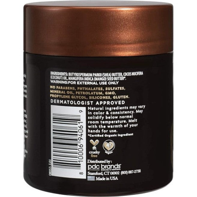 Close-up of a dark brown jar with product information and a barcode.