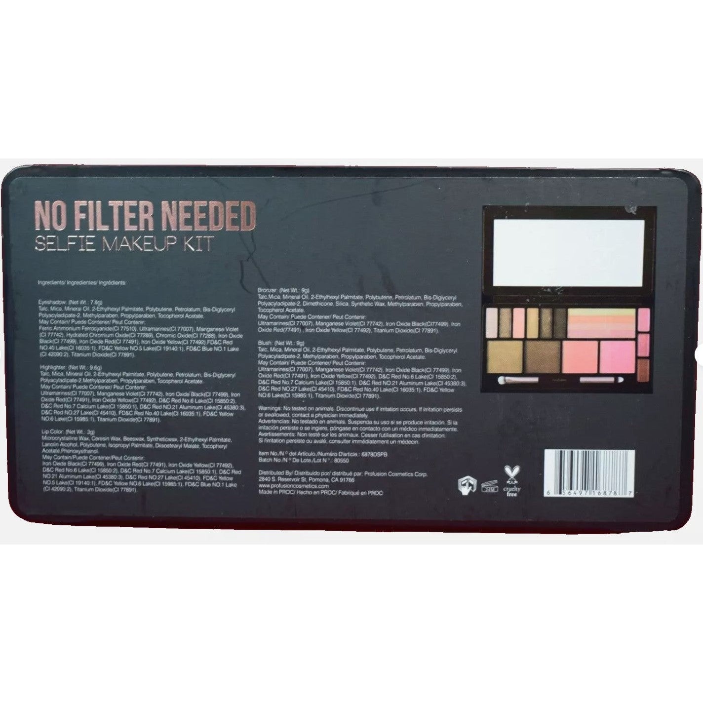 A black makeup kit box with various eyeshadow, highlighter, bronzer, blush, and lip color palettes, along with the product information and a cruelty-free logo.