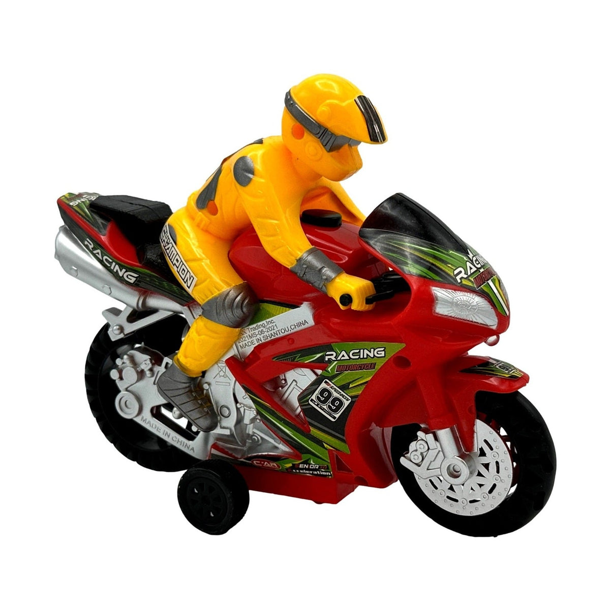 Toy motorcycle with yellow rider and red body.