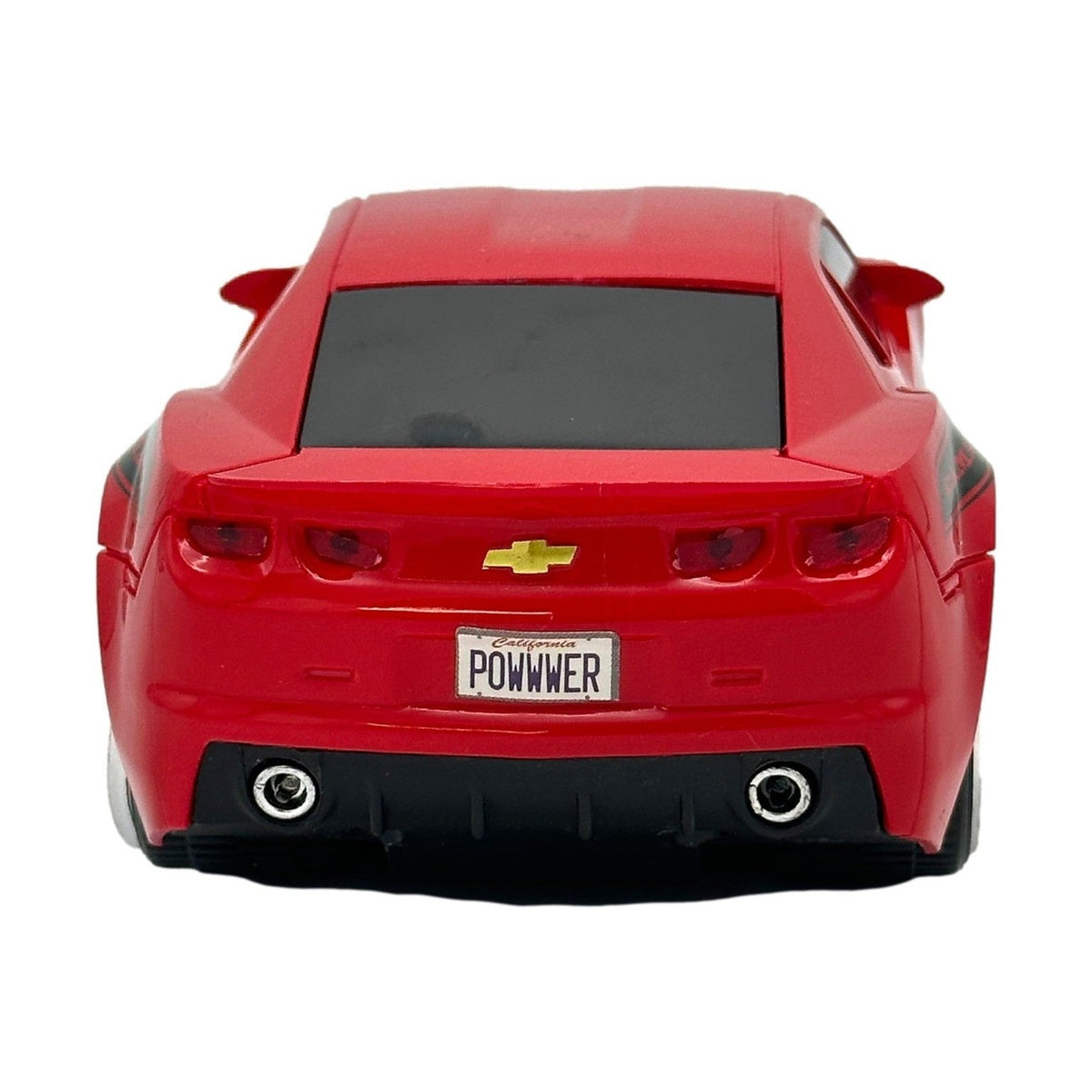Red toy Chevrolet Camaro rear view.