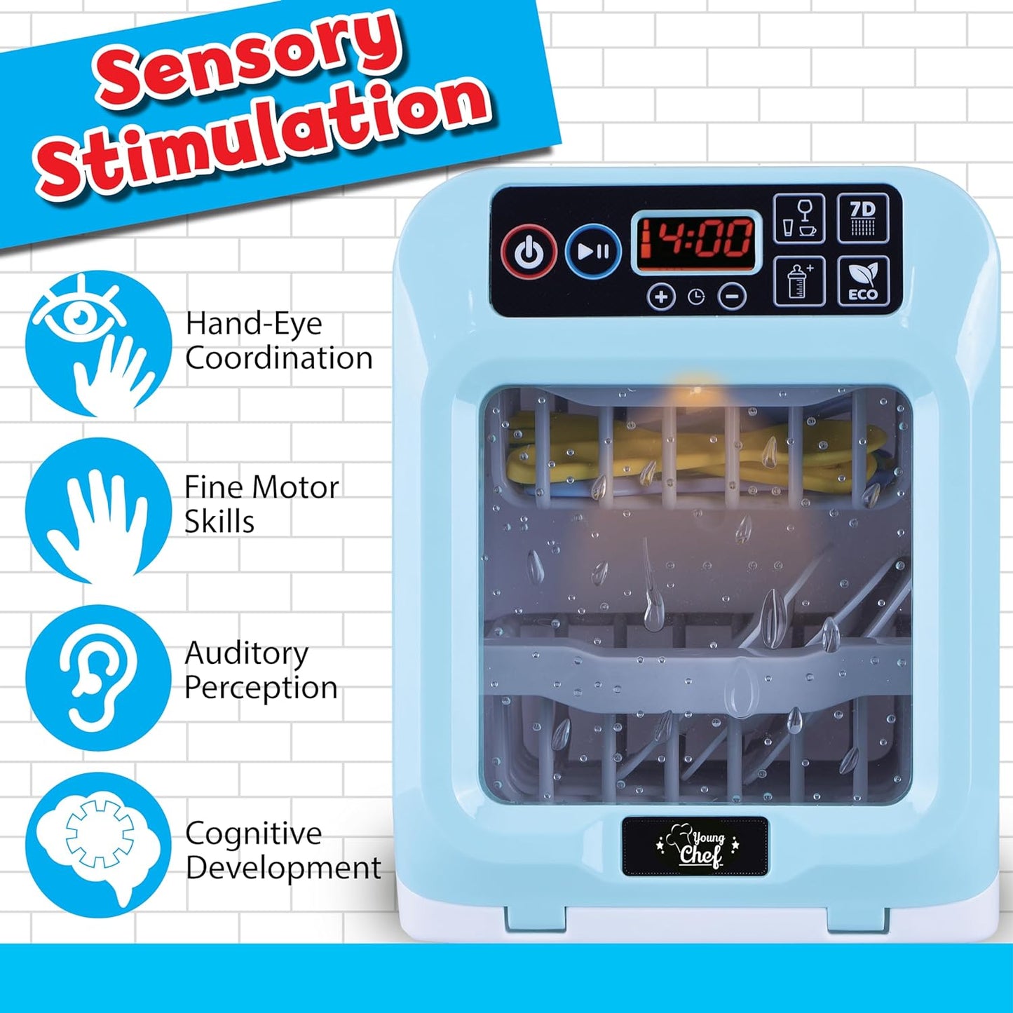 Light blue toy dishwasher with digital display and hanging accessories.