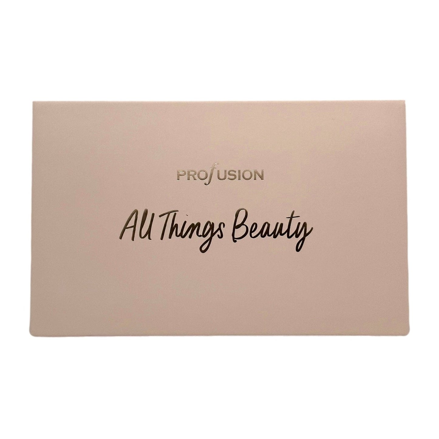 A light pink rectangular makeup palette with black text.