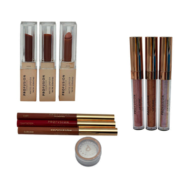 Cosmetics: lipsticks, lip glosses, and eye shadow.
