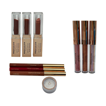 Cosmetics: lipsticks, lip glosses, and eye shadow.