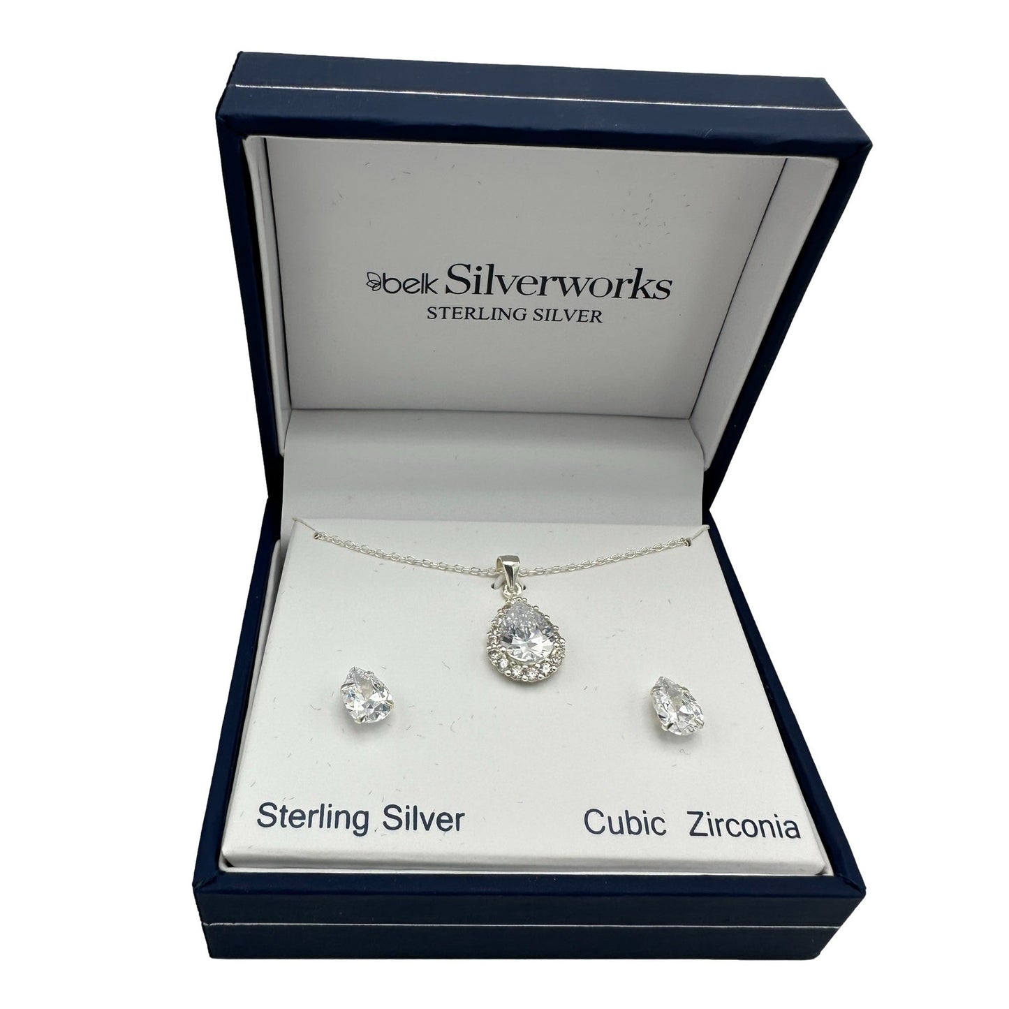 Sterling silver pendant necklace and earrings in a blue box.