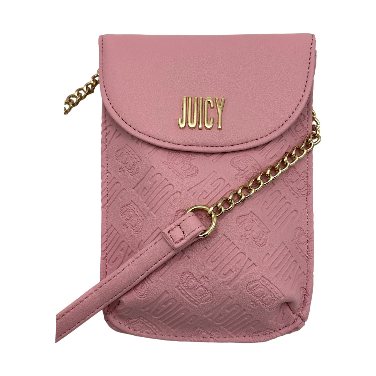Pink "Juicy" crossbody bag with a gold chain strap.