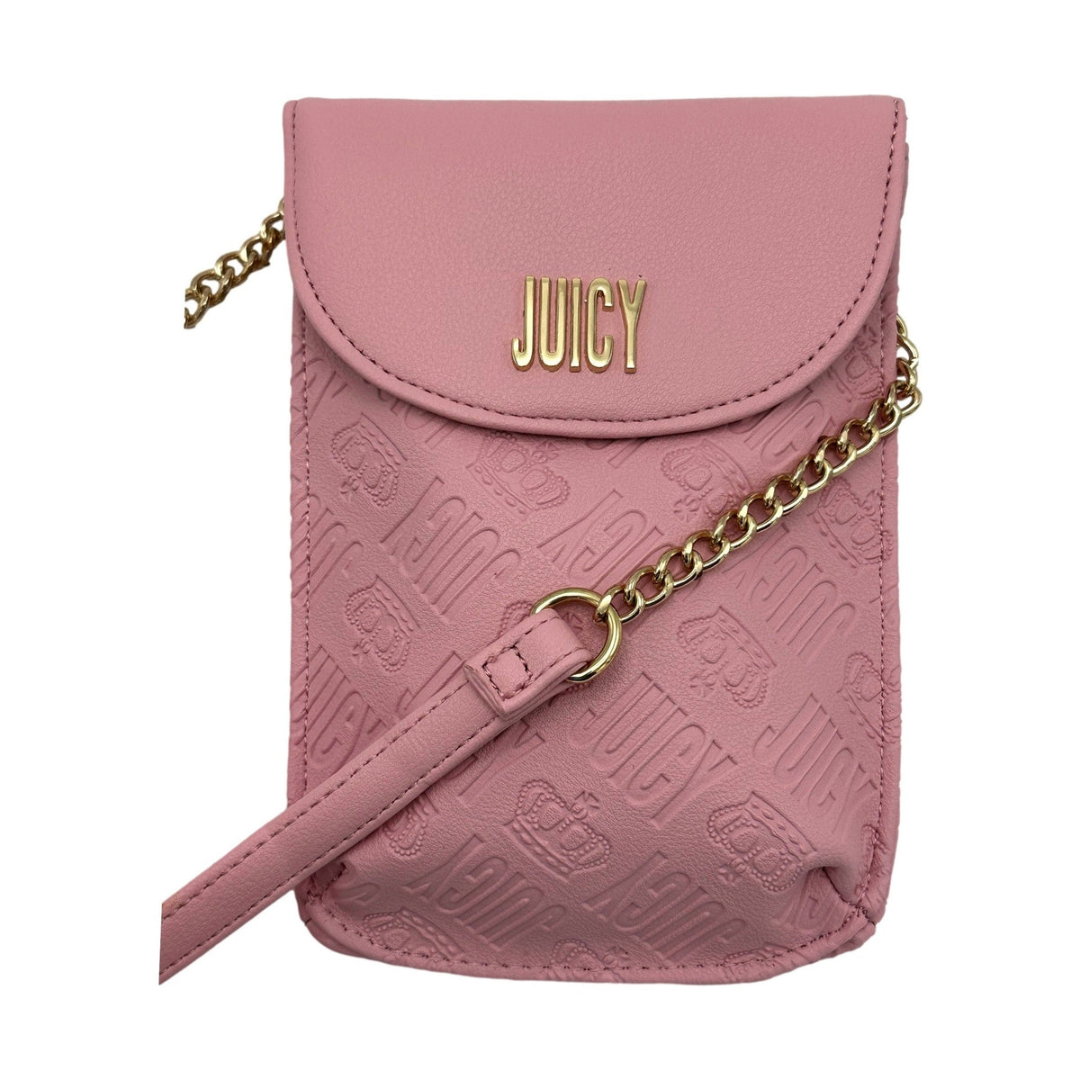 Pink "Juicy" crossbody bag with a gold chain strap.