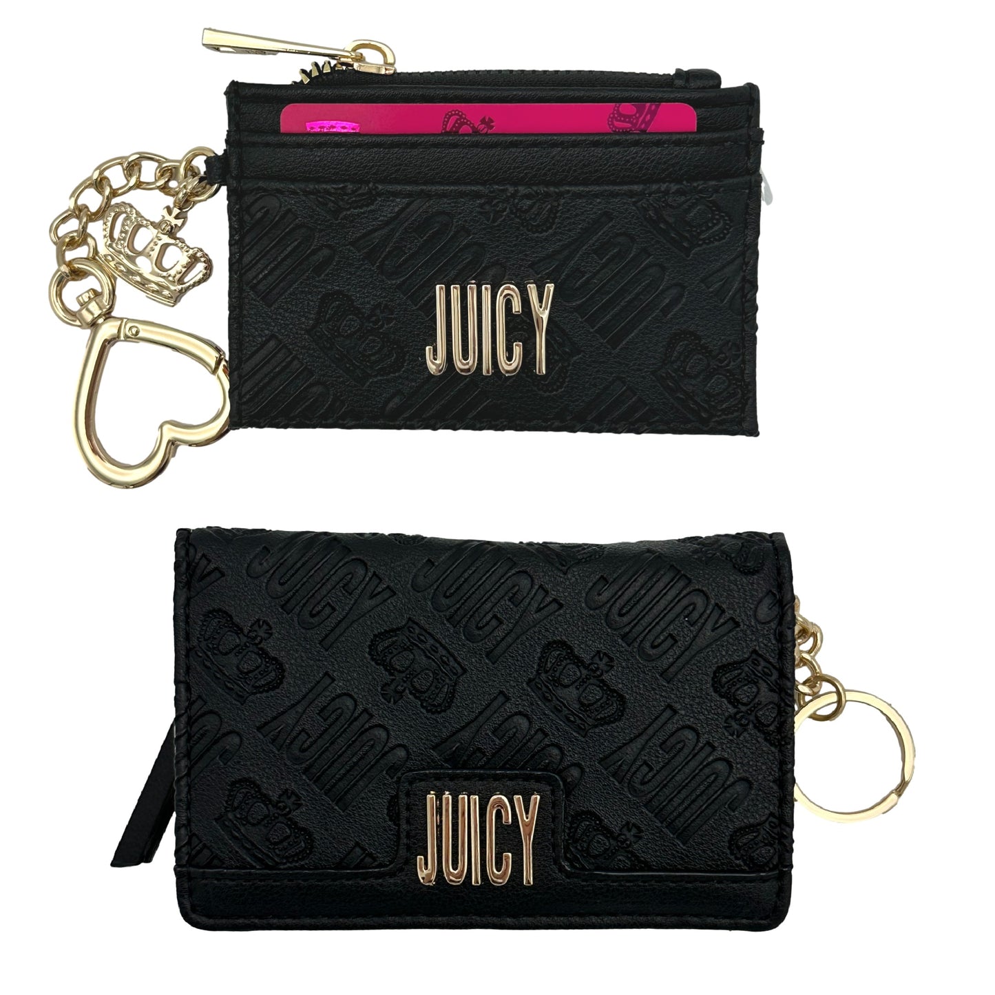 Two black Juicy Couture wallets, one a cardholder with a gold chain and heart-shaped charm, the other a bi-fold, both with embossed logos and gold "Juicy" lettering.