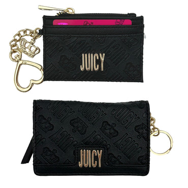Two black Juicy Couture wallets, one a cardholder with a gold chain and heart-shaped charm, the other a bi-fold, both with embossed logos and gold "Juicy" lettering.