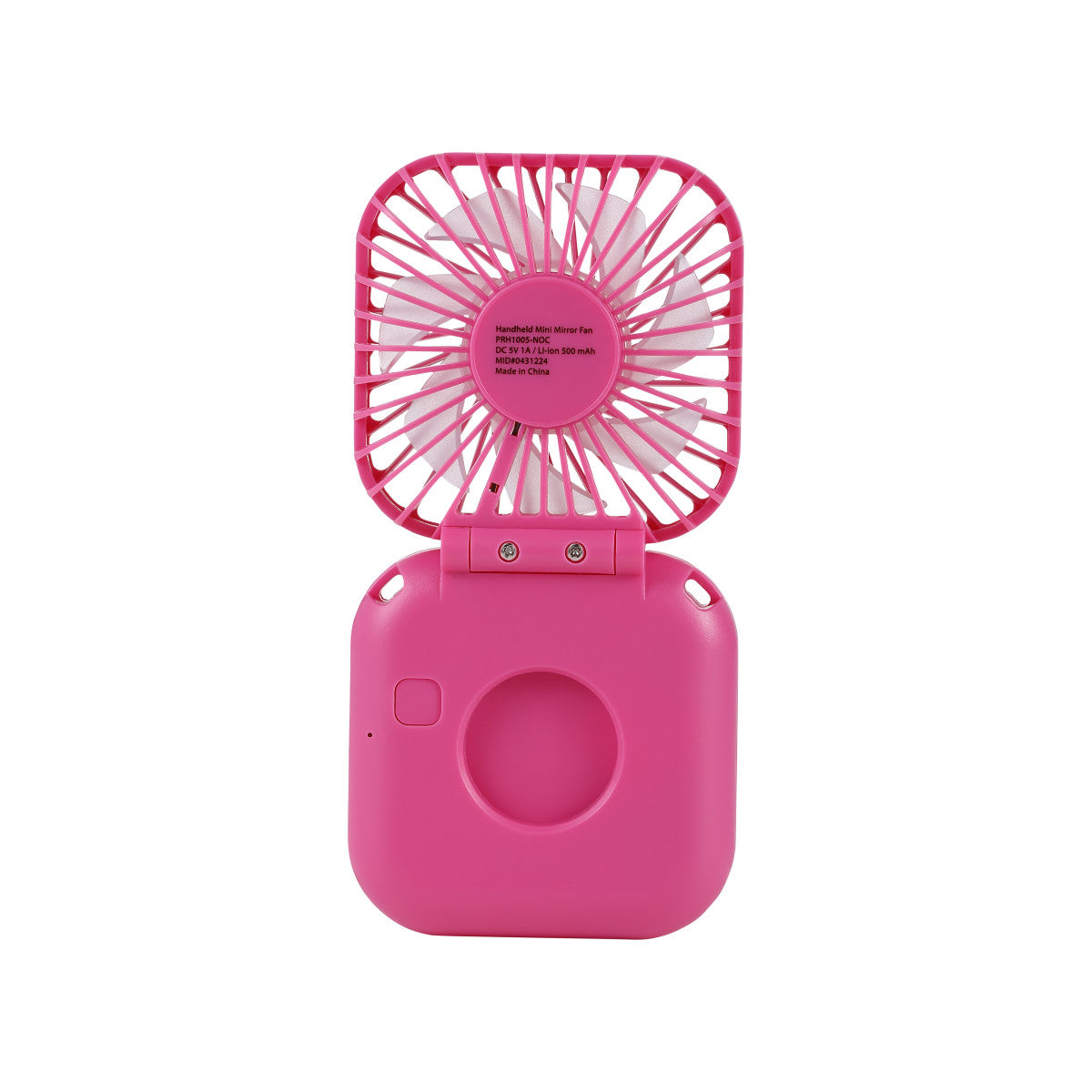 Pink handheld mini mirror fan.