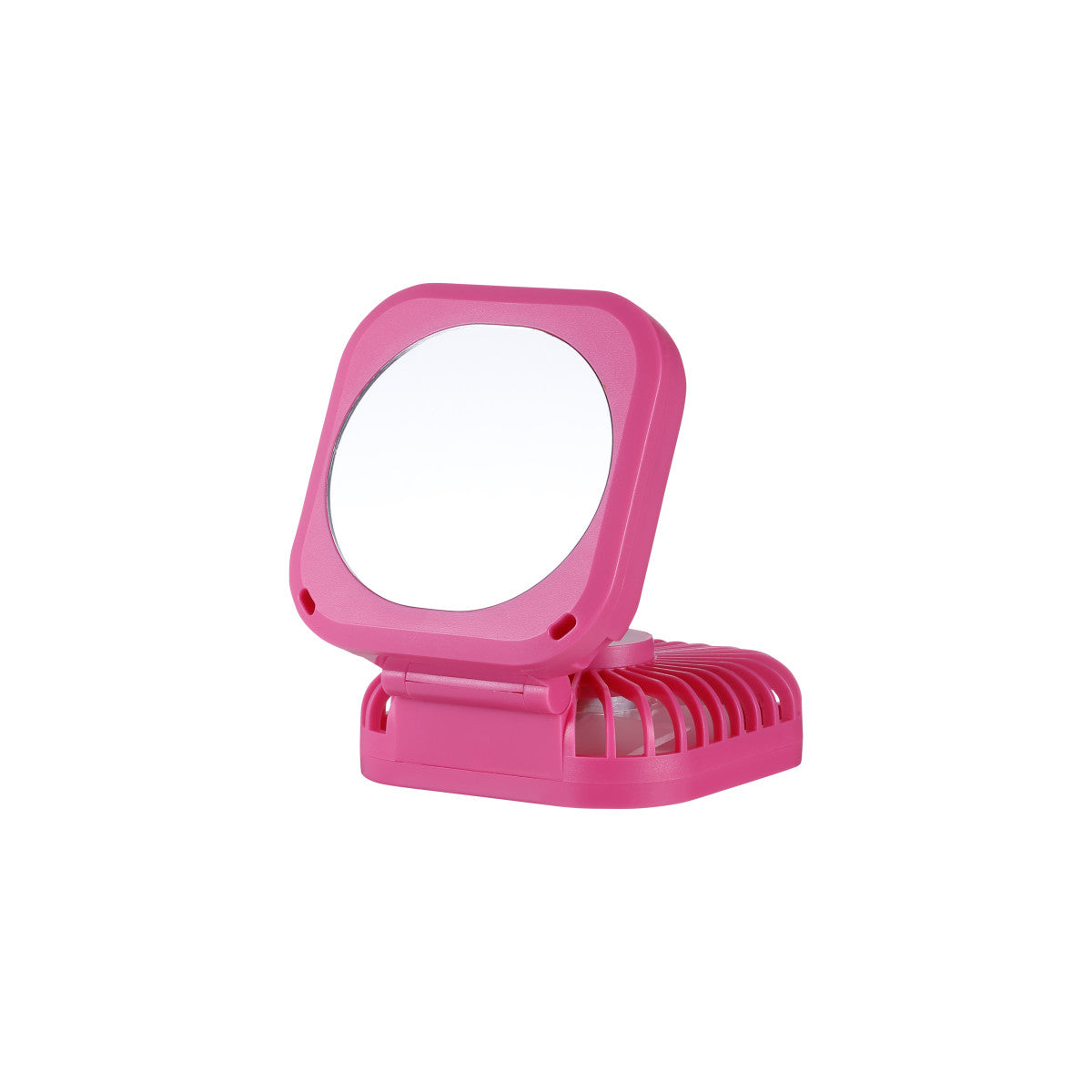 Pink portable fan with a square mirror.