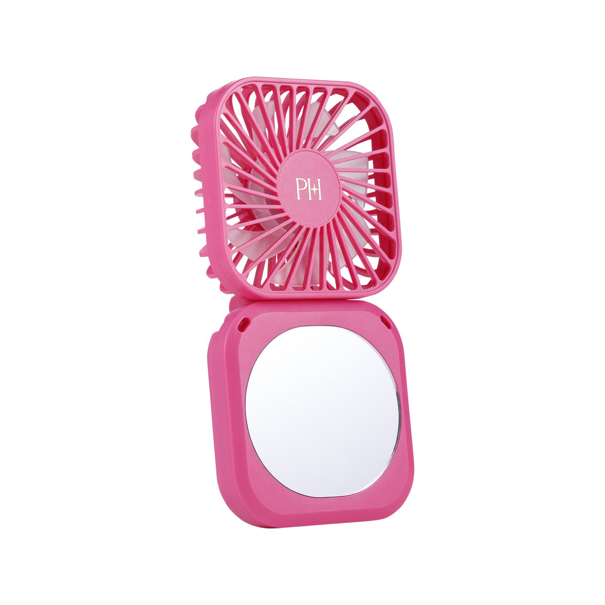 Pink portable fan with mirror.
