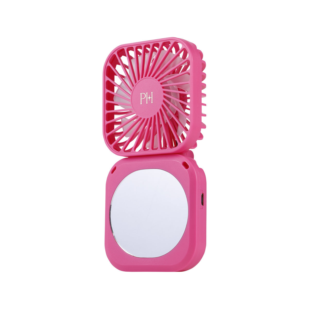 Pink personal fan and mirror.