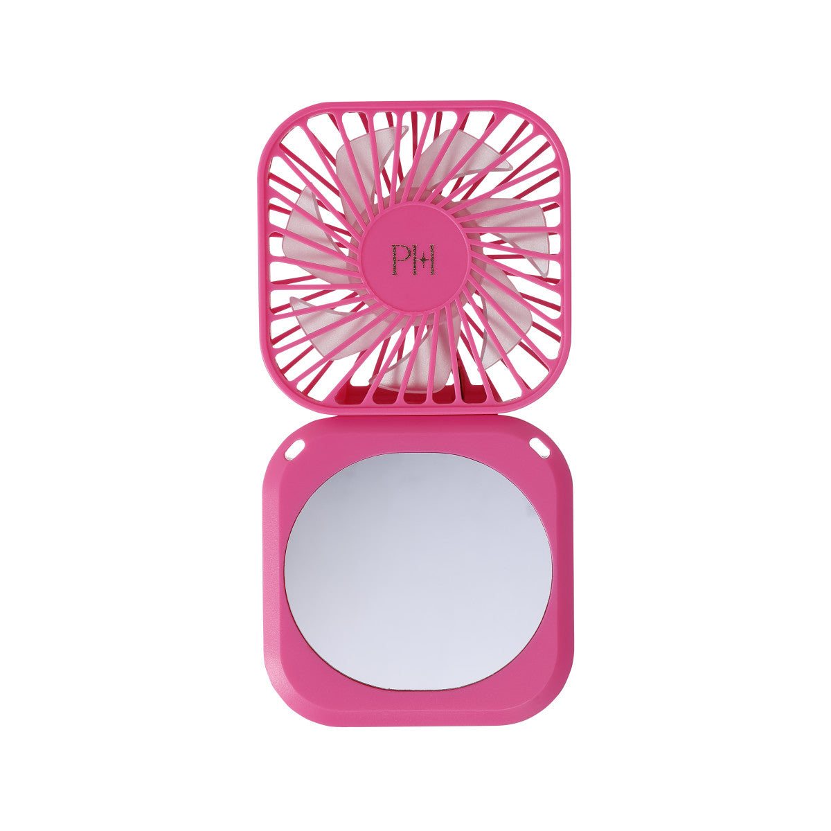 Pink handheld fan with a mirror.