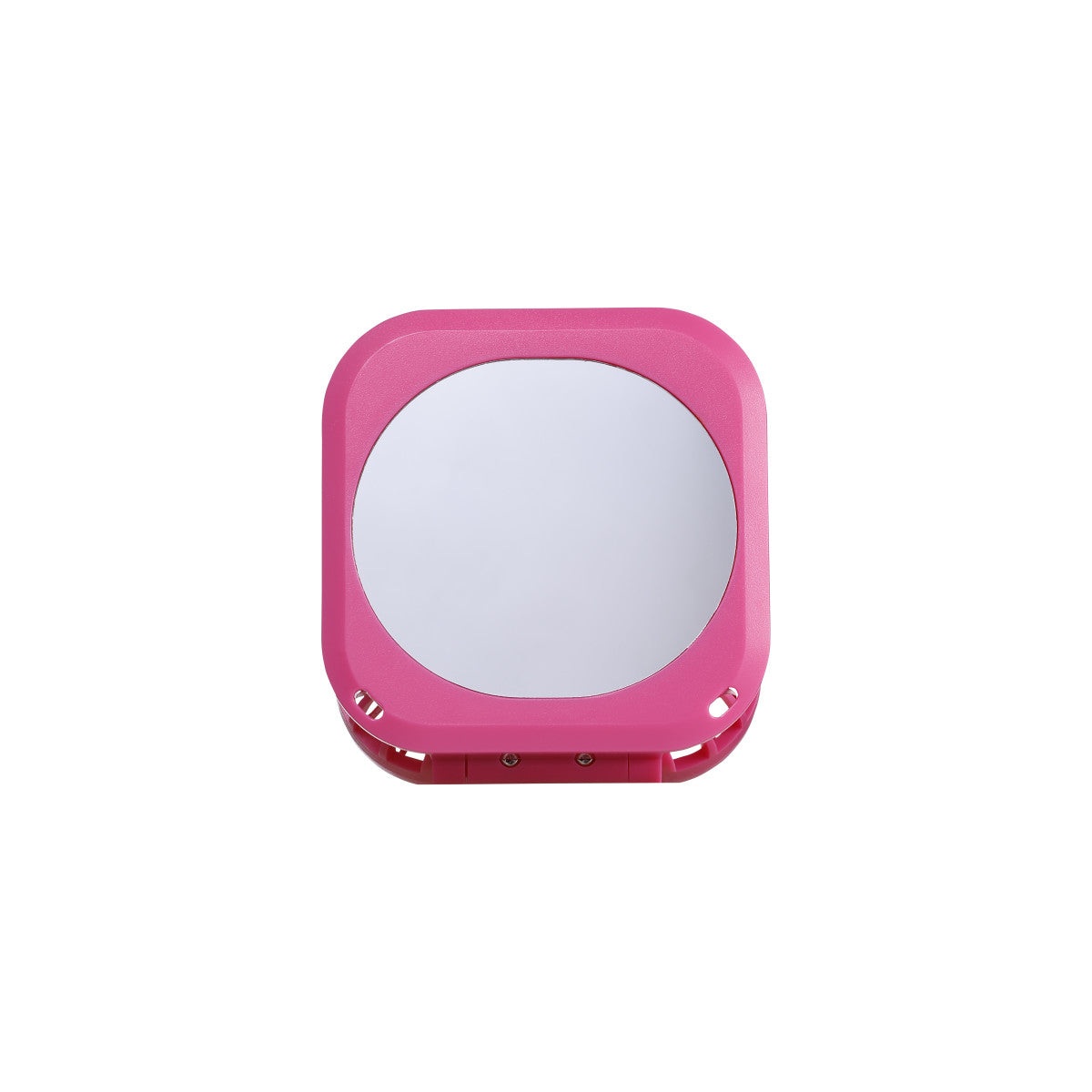 Pink compact mirror on a white background.