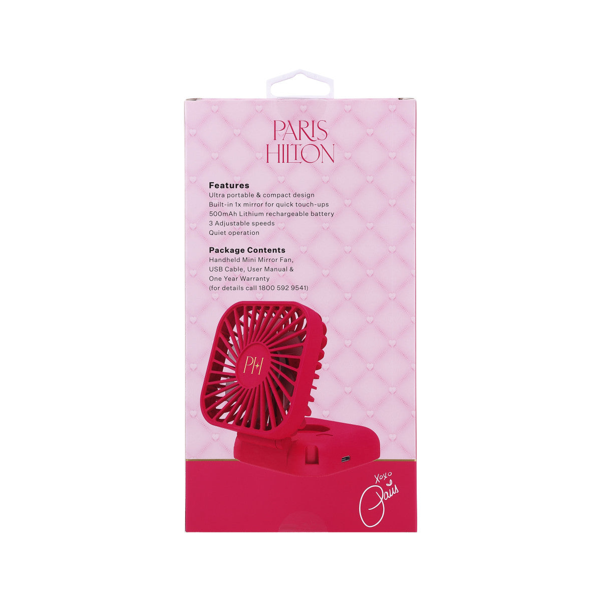 Close-up of a pink Paris Hilton mini mirror fan package.
