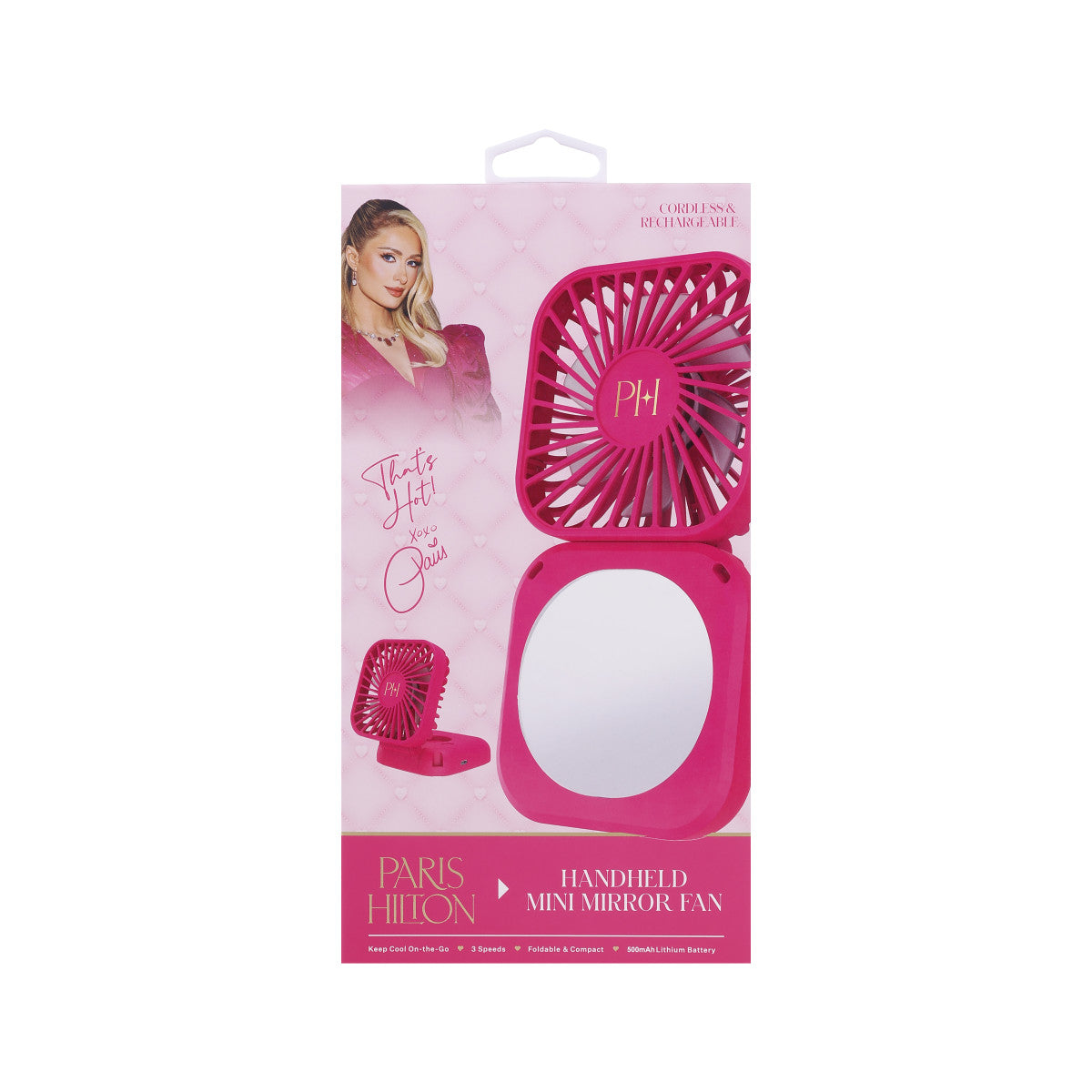 Boxed Paris Hilton handheld mini mirror fan.