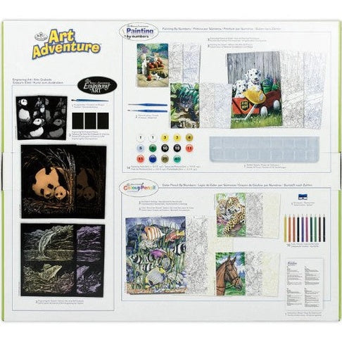 Art Adventure activity set. A variety of art projects displayed. Including painting by numbers, engraving art, and coloring projects. Animals featured are dogs, fish, pandas, leopards, and horses.