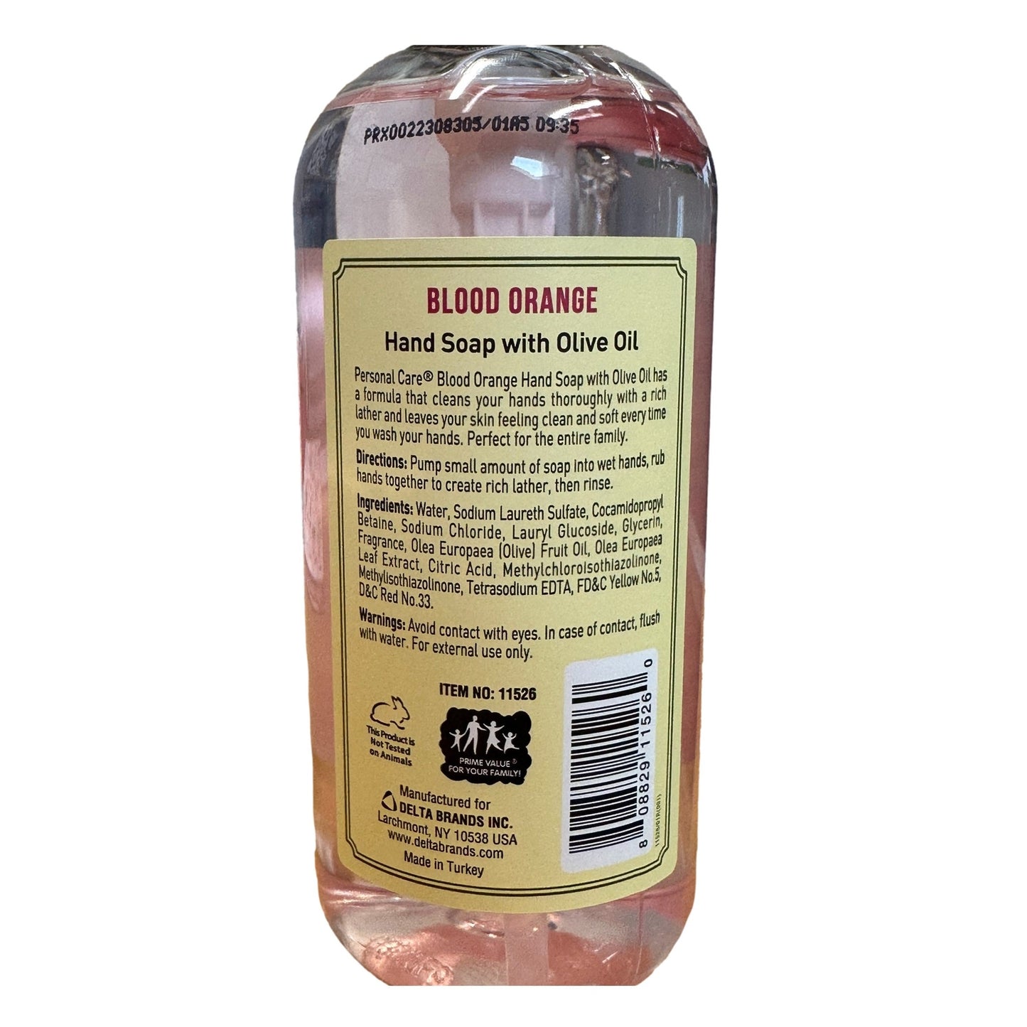 A bottle of Blood Orange hand soap with an olive oil.